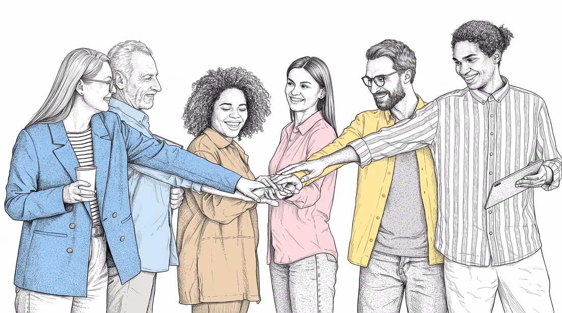 A drawn group of four figures with their hands together
